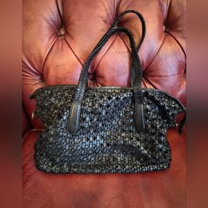 Platania Black Woven Italian Leather Satchel Tote